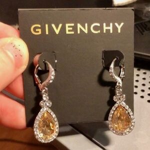 GIVENCHY GOLD CHAMPAGNE CRYSTAL & CLEAR PAVE TEARDROP HALO EARRINGS-NEW W CARD